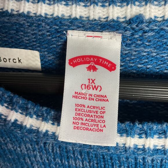 Holiday Time Ugly Christmas Sweater Meowy Christmas Cat 1X 16W Blue - Picture 4 of 8